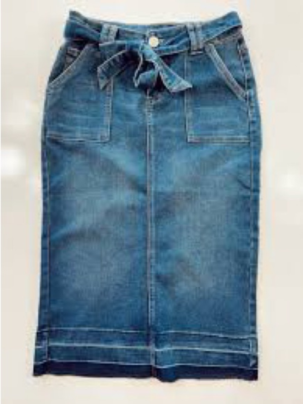 High-Waist Blue Denim Midi Skirt with Self Tie